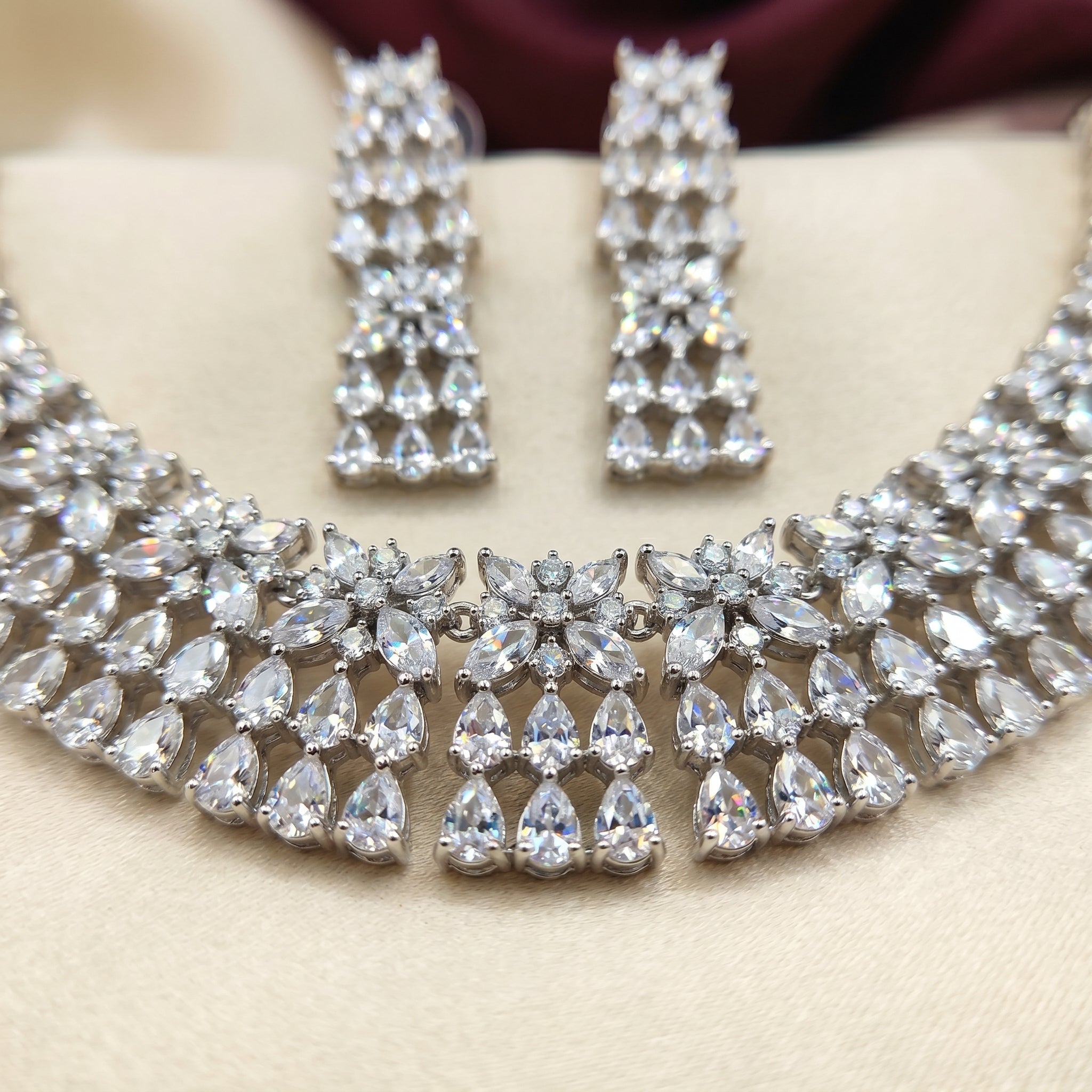 Floral Cluster Diamond-Look Bib Necklace Set