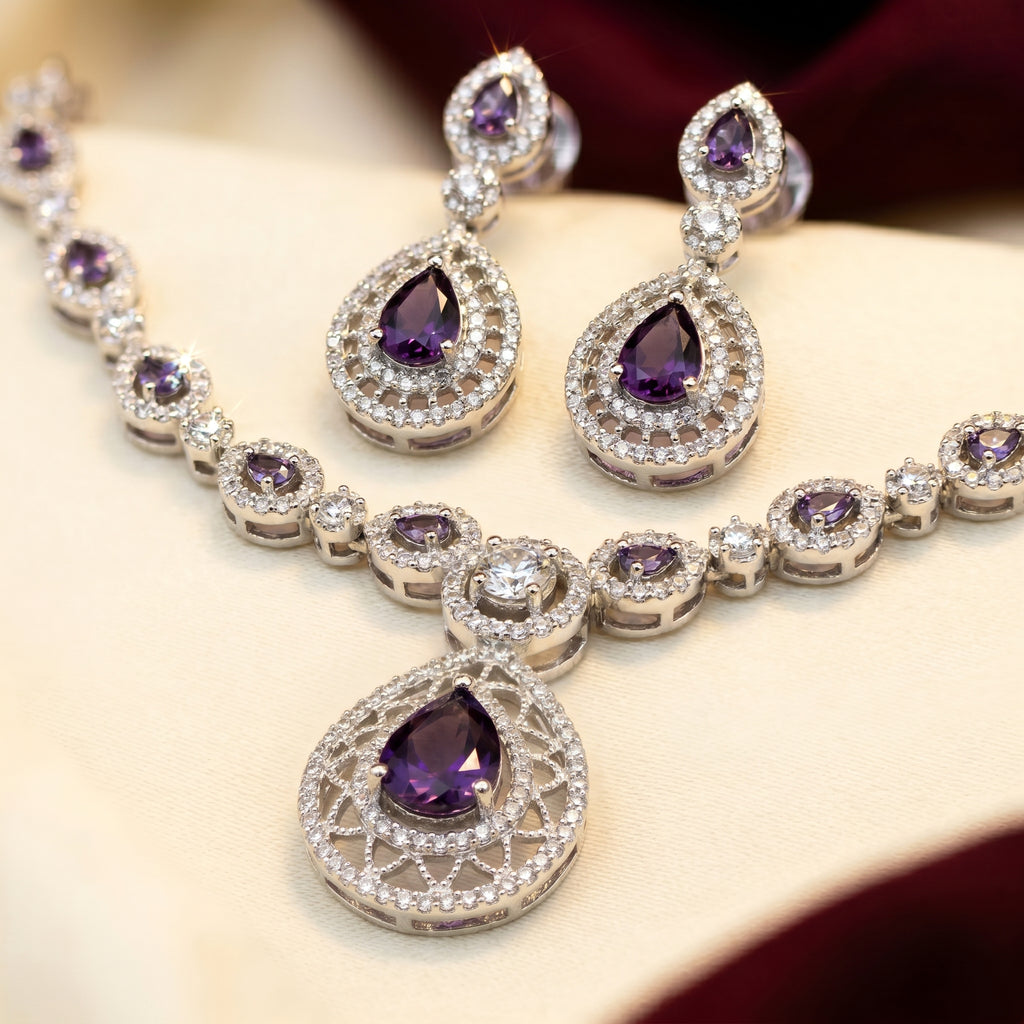Sapphire Drop Halo Necklace Set