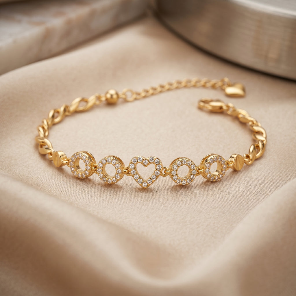 Gold Pavé Circle Heart Station Bracelet
