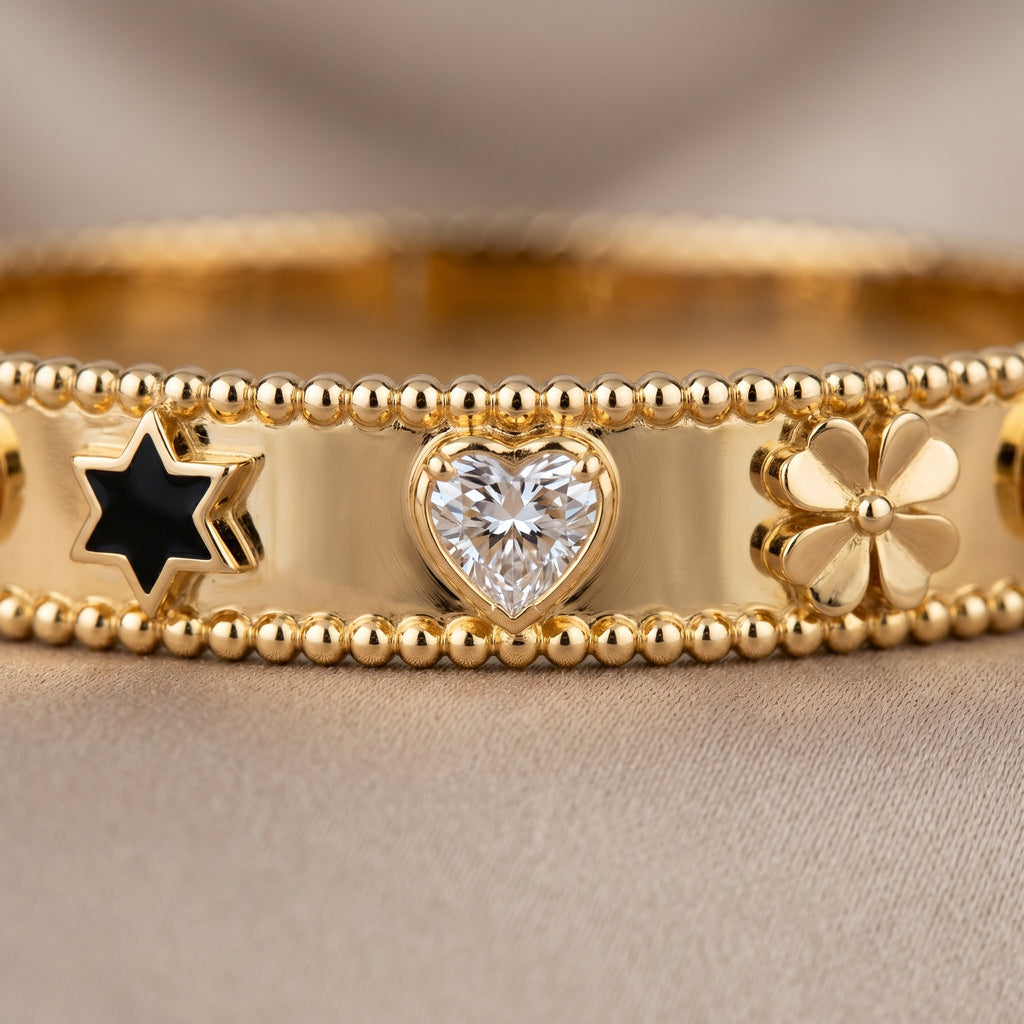 Gold Heart Star Flower Charm Bangle