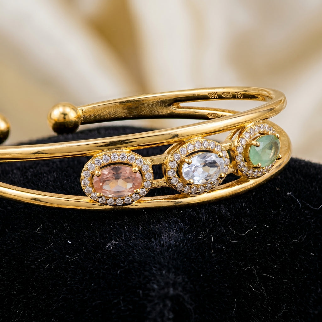 Gold Multi-Stone Halo Open Cuff Bracelet