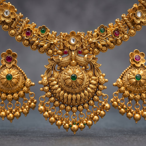 Antique Gold Peacock Floral Pearl Tassel Necklace Set