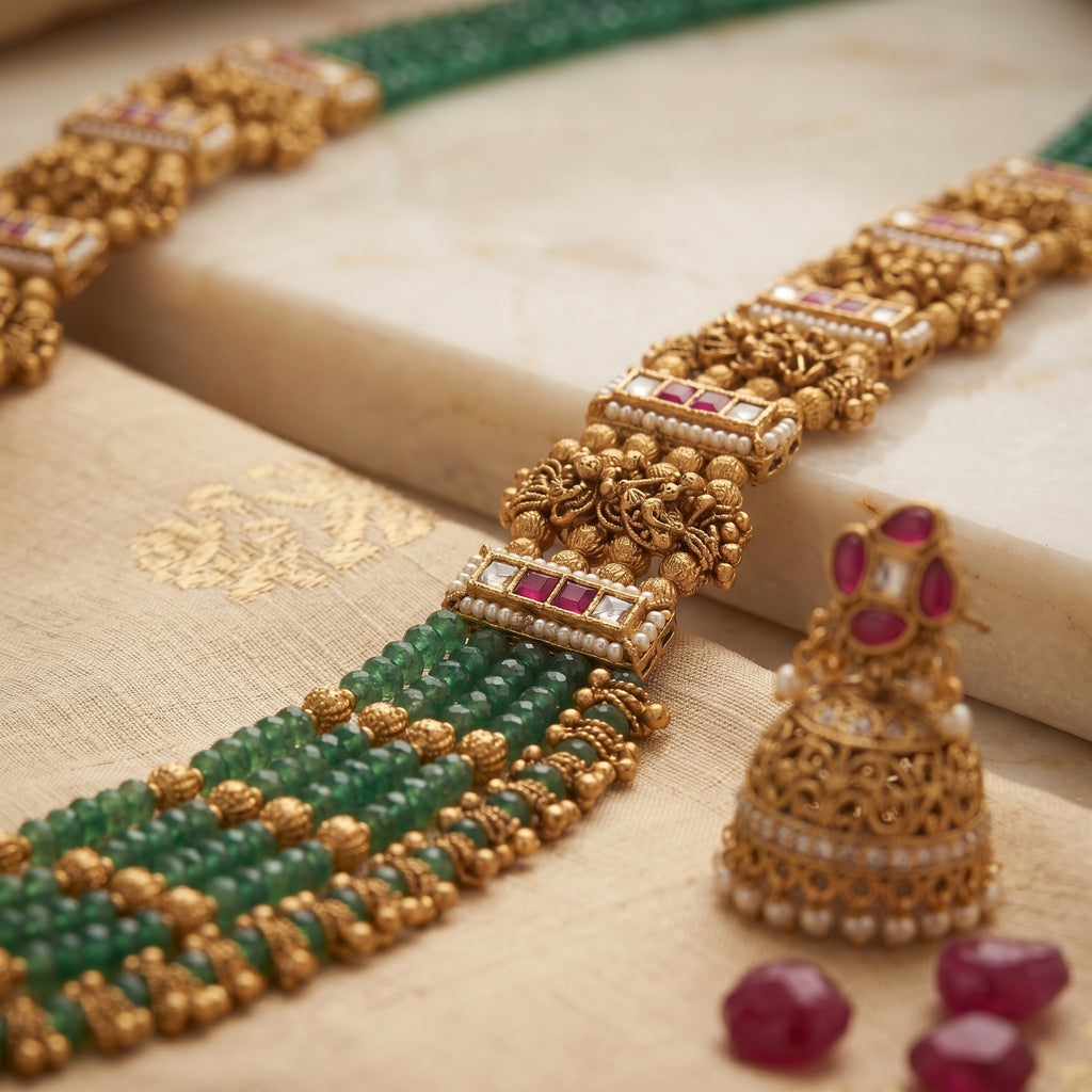 Emerald Bead Kundan Panel Haram Set