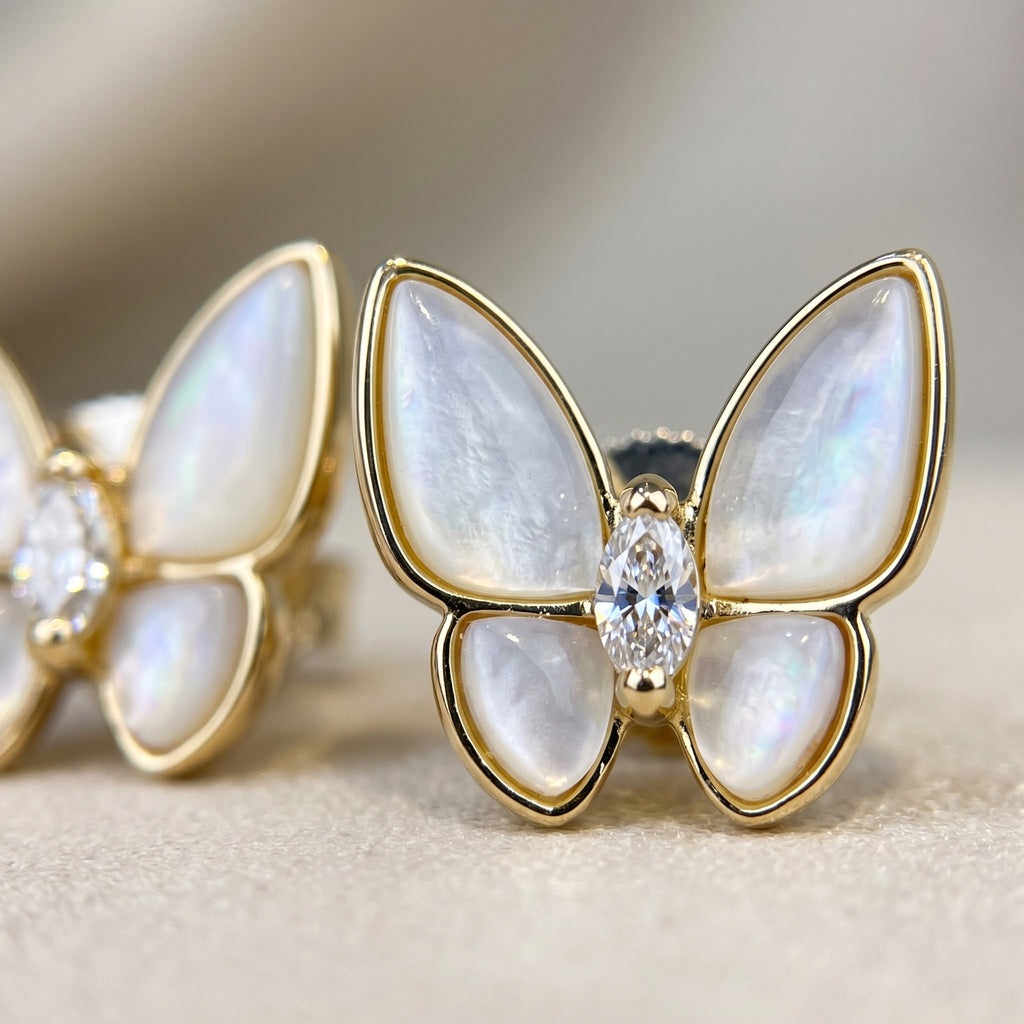 Gold Butterfly Stud Earrings with Mother of Pearl & Marquise CZ Centre