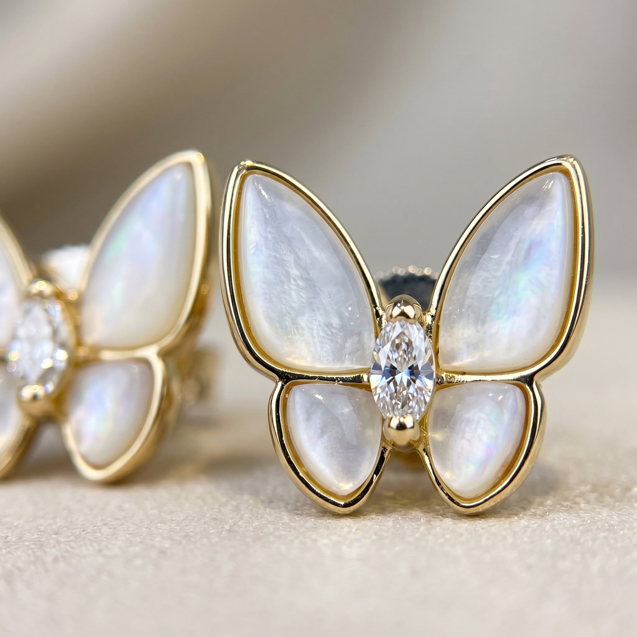 Gold Butterfly Stud Earrings with Mother of Pearl & Marquise CZ Centre