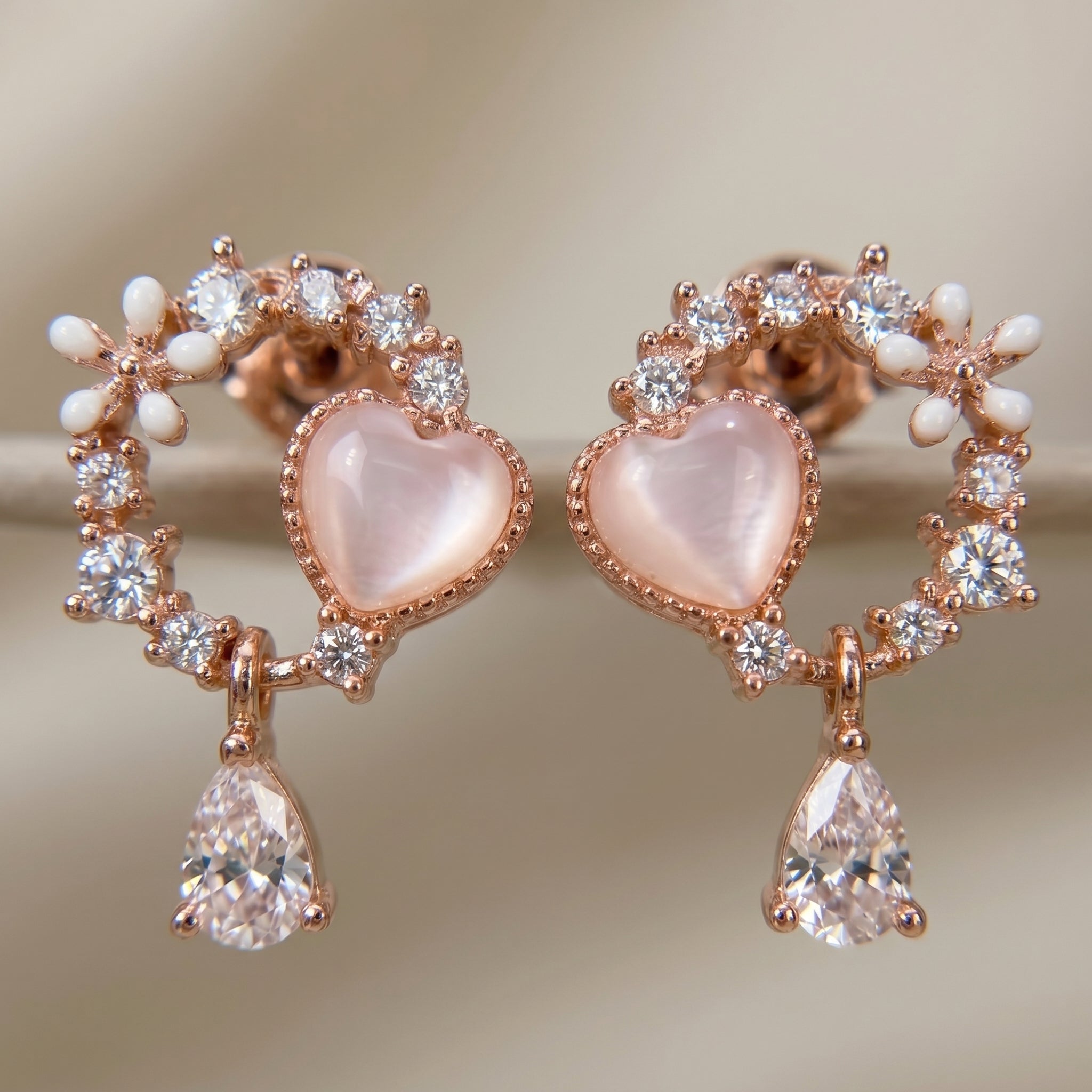 Rose Gold Pink Heart Moonstone Drop Earrings with CZ Arc & Teardrop