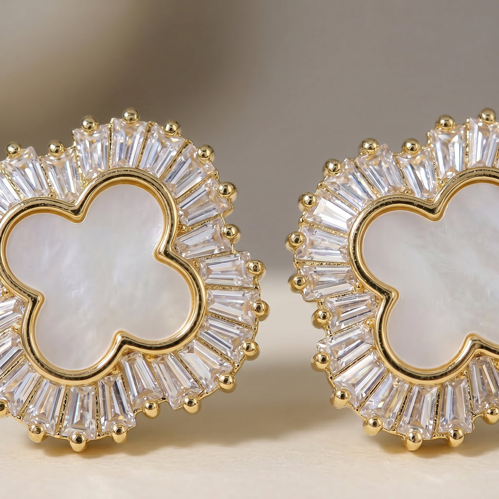 Gold Clover Mother of Pearl Baguette CZ Halo Stud Earrings