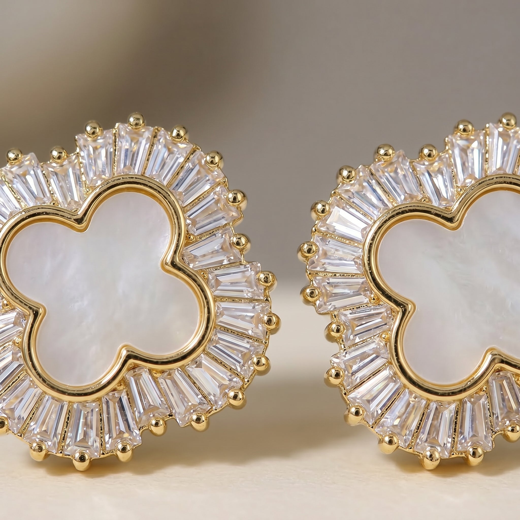 Gold Clover Mother of Pearl Baguette CZ Halo Stud Earrings