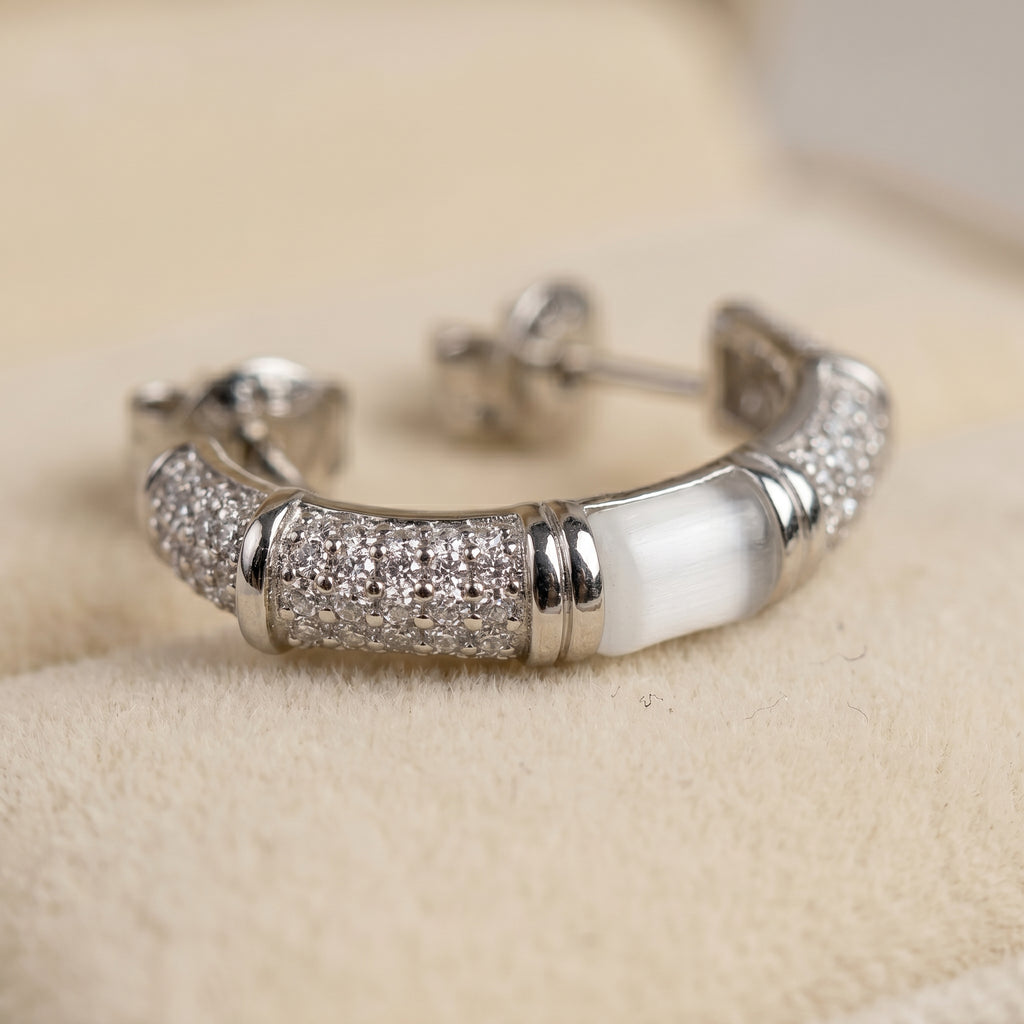 Silver Bamboo Hoop Earrings with White Enamel & Pavé CZ