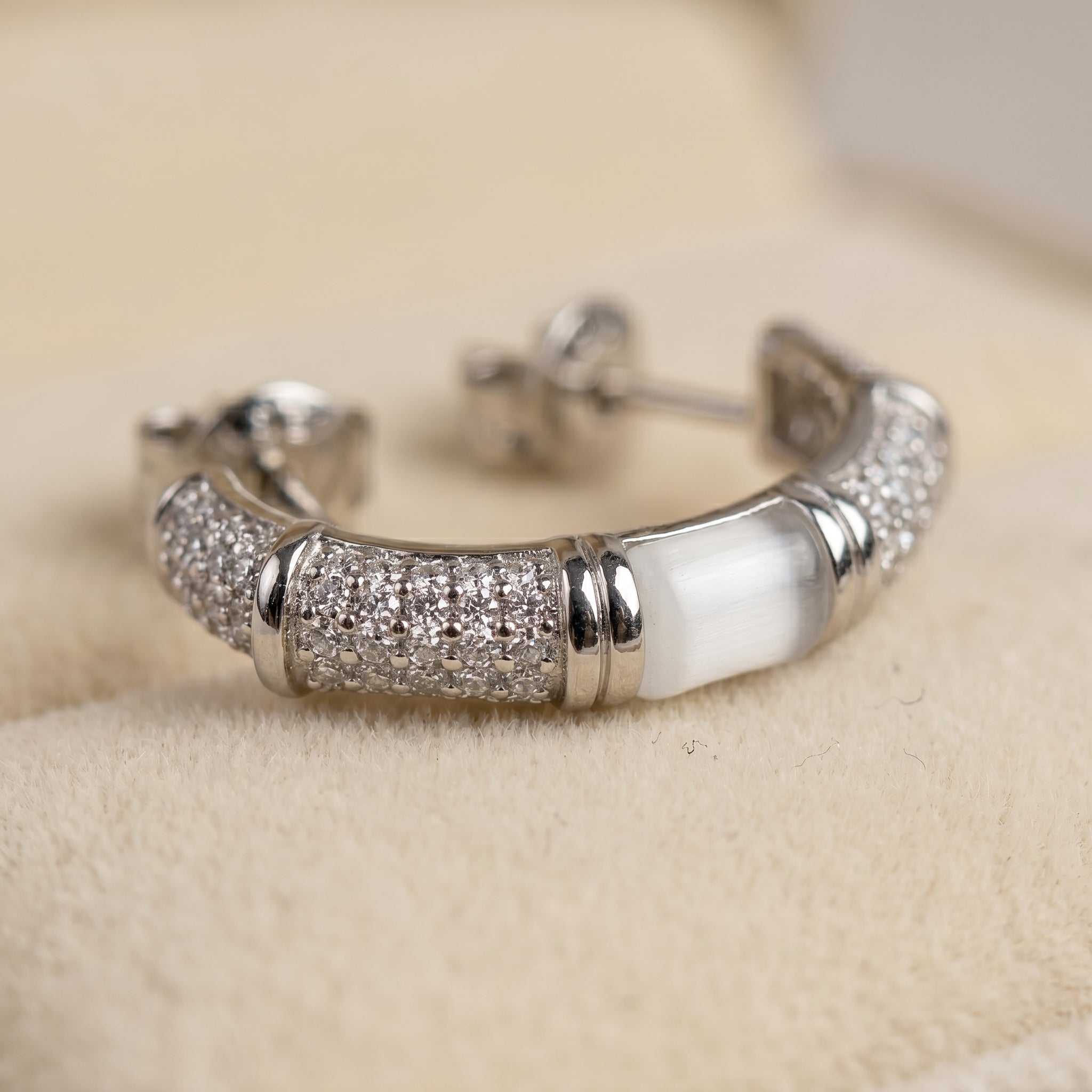 Silver Bamboo Hoop Earrings with White Enamel & Pavé CZ