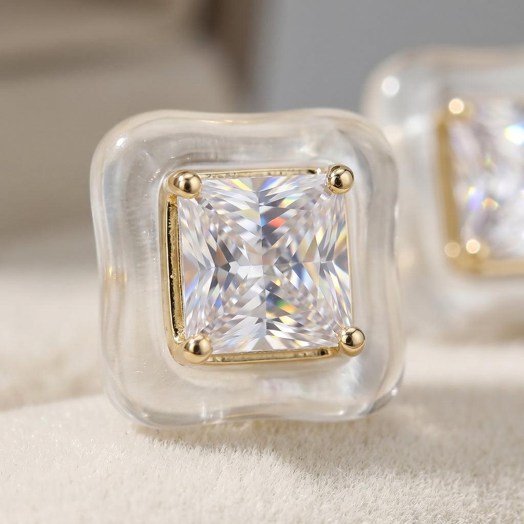Clear Acrylic Frame Princess Cut CZ Gold Solitaire Stud Earrings