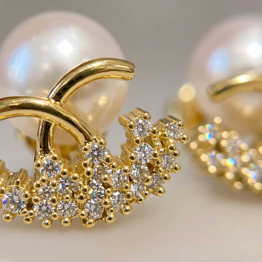 Gold Pearl Crown AD Studs