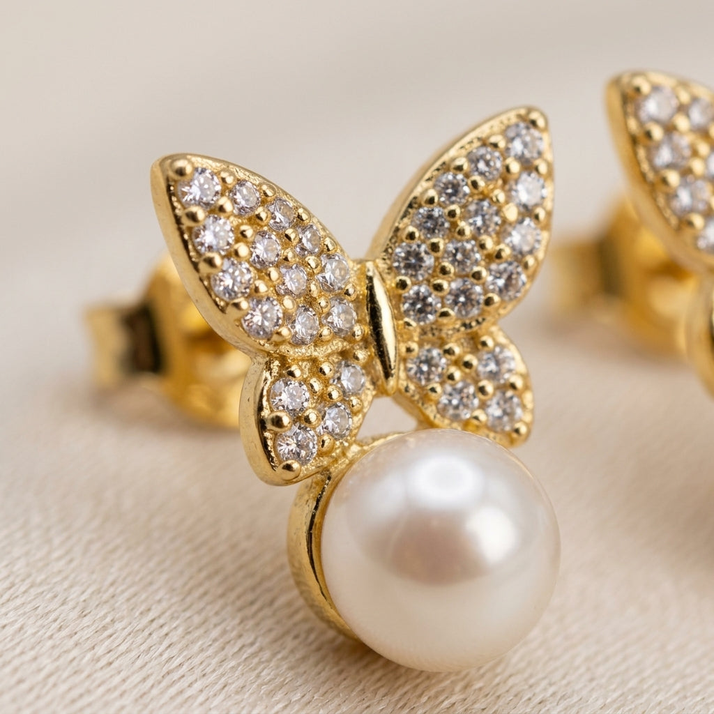 Gold Pavé Butterfly Pearl Drop Stud Earrings