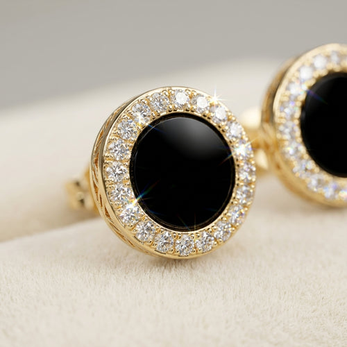Black Onyx-Look Gold Halo Stud Earrings