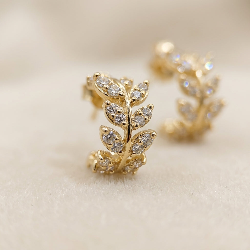 Gold Marquise Leaf Vine Stud Earrings