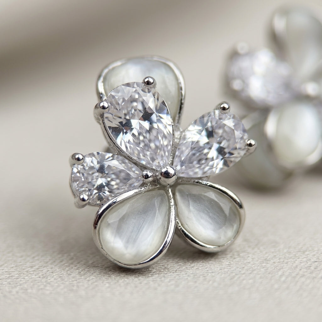Grey Cat's Eye Flower Petal Stud Earrings