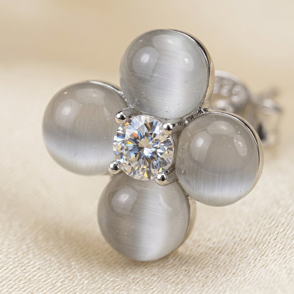 Grey Cat's Eye Quatrefoil Stud Earrings