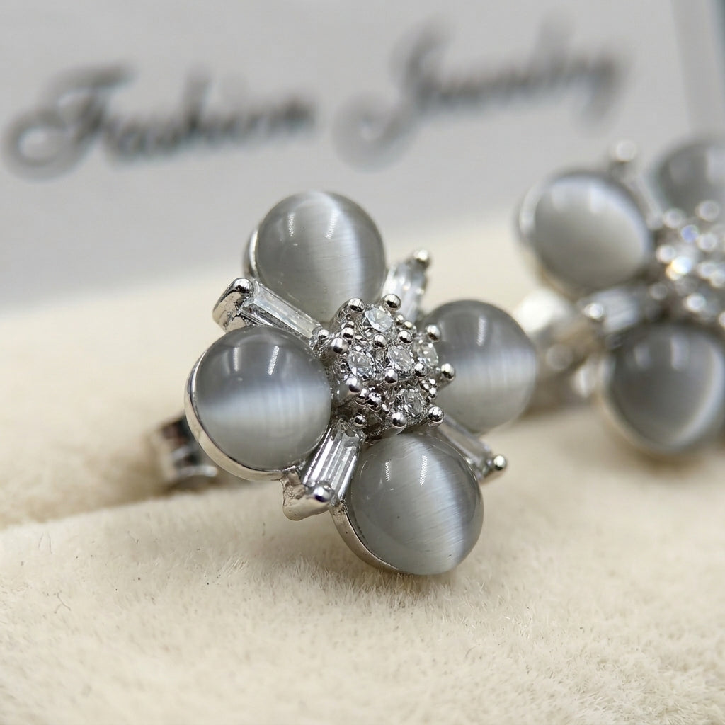 Grey Cat's Eye Baguette Cluster Flower Stud Earrings