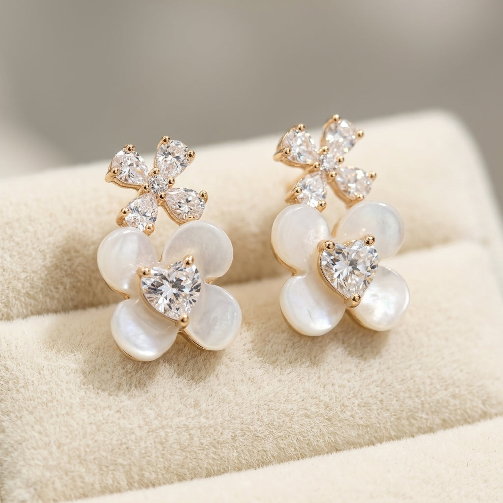 Rose Gold Double Flower Heart Stud Earrings