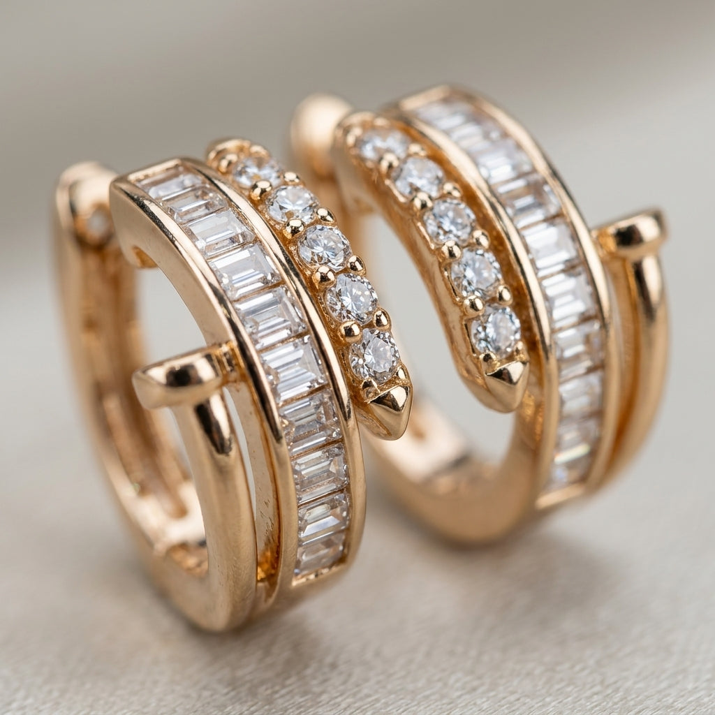 Rose Gold Triple-Row Pavé Huggie Earrings