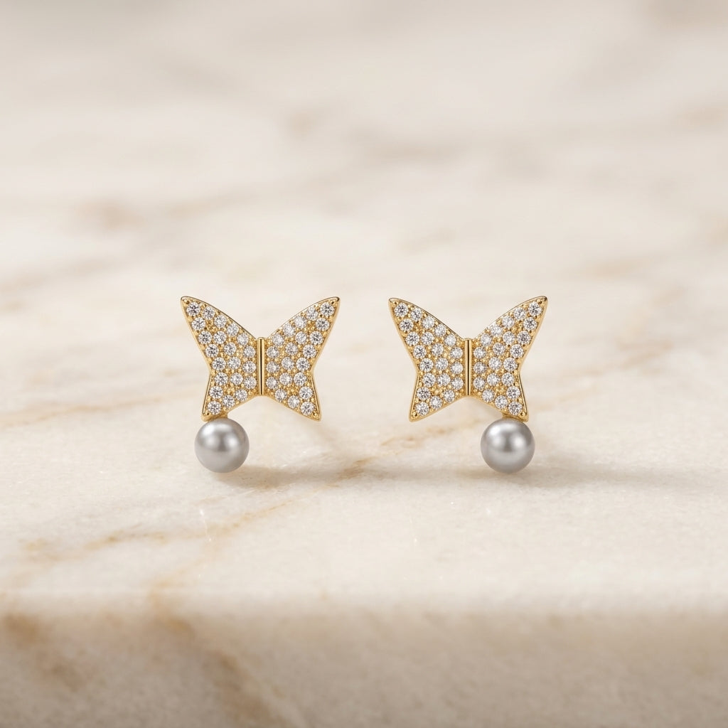 Gold Pavé Butterfly Pearl Drop Stud Earrings