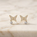 Gold Pavé Butterfly Pearl Drop Stud Earrings