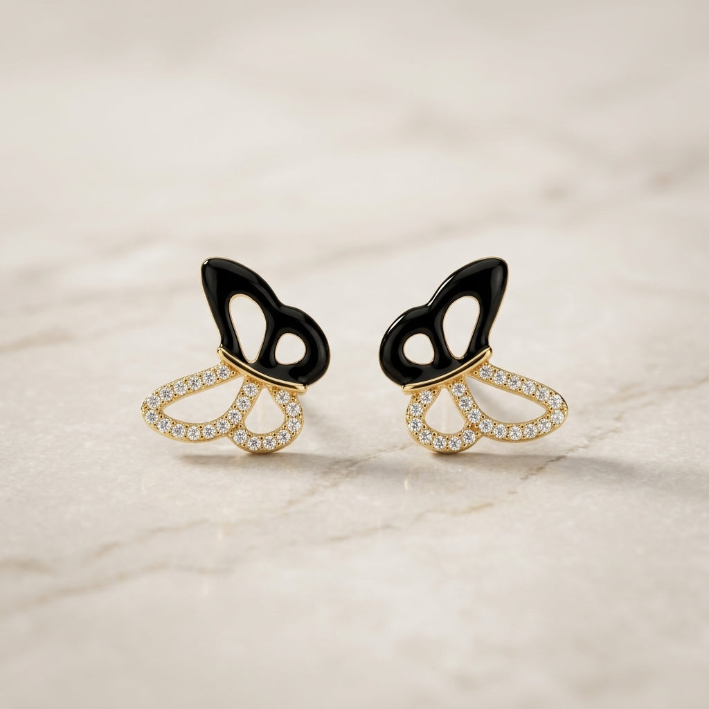 Black Enamel Gold Butterfly Stud Earrings