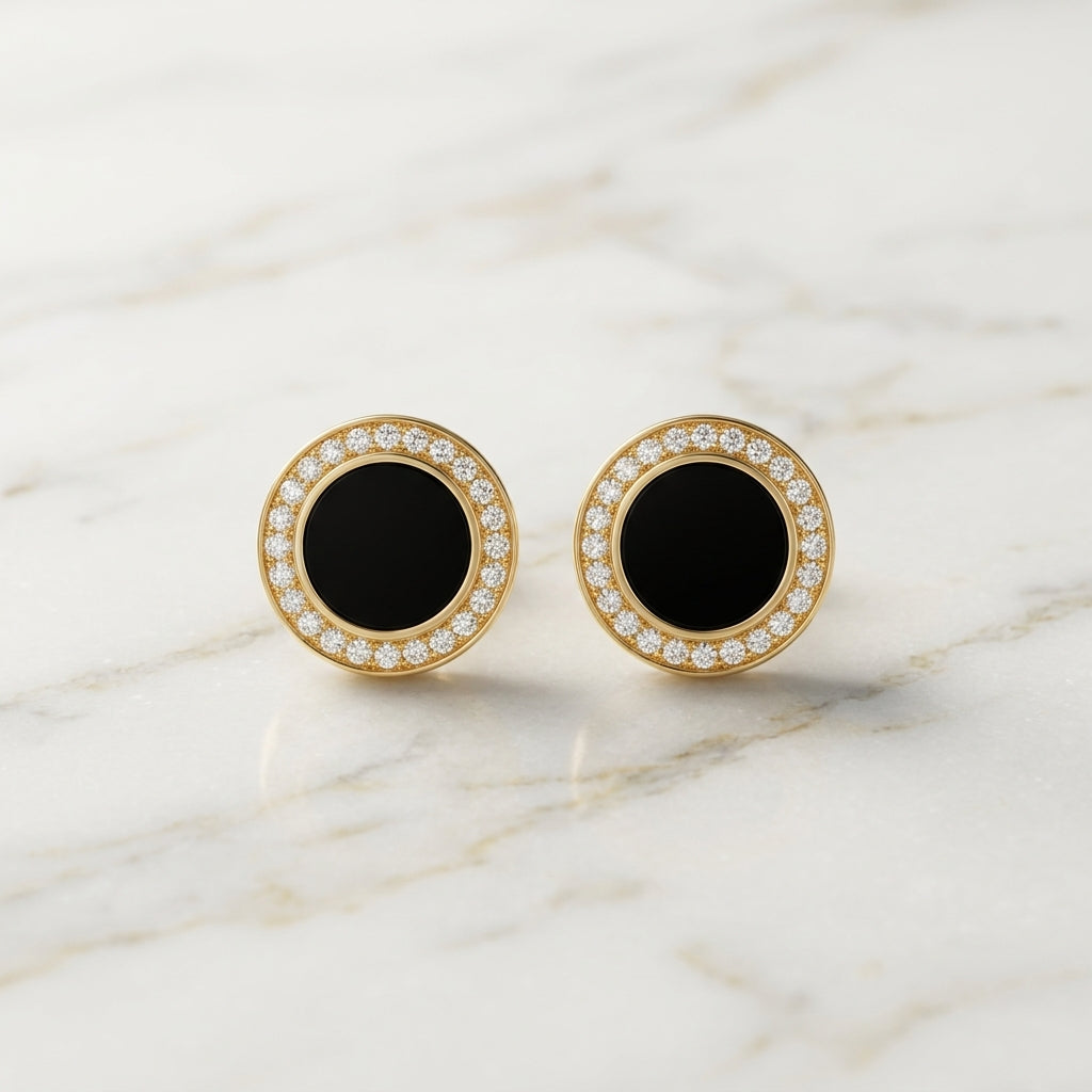 Black Onyx-Look Gold Halo Stud Earrings
