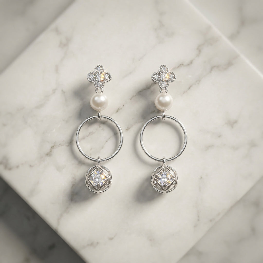 Clover Pearl Cage Drop Earrings