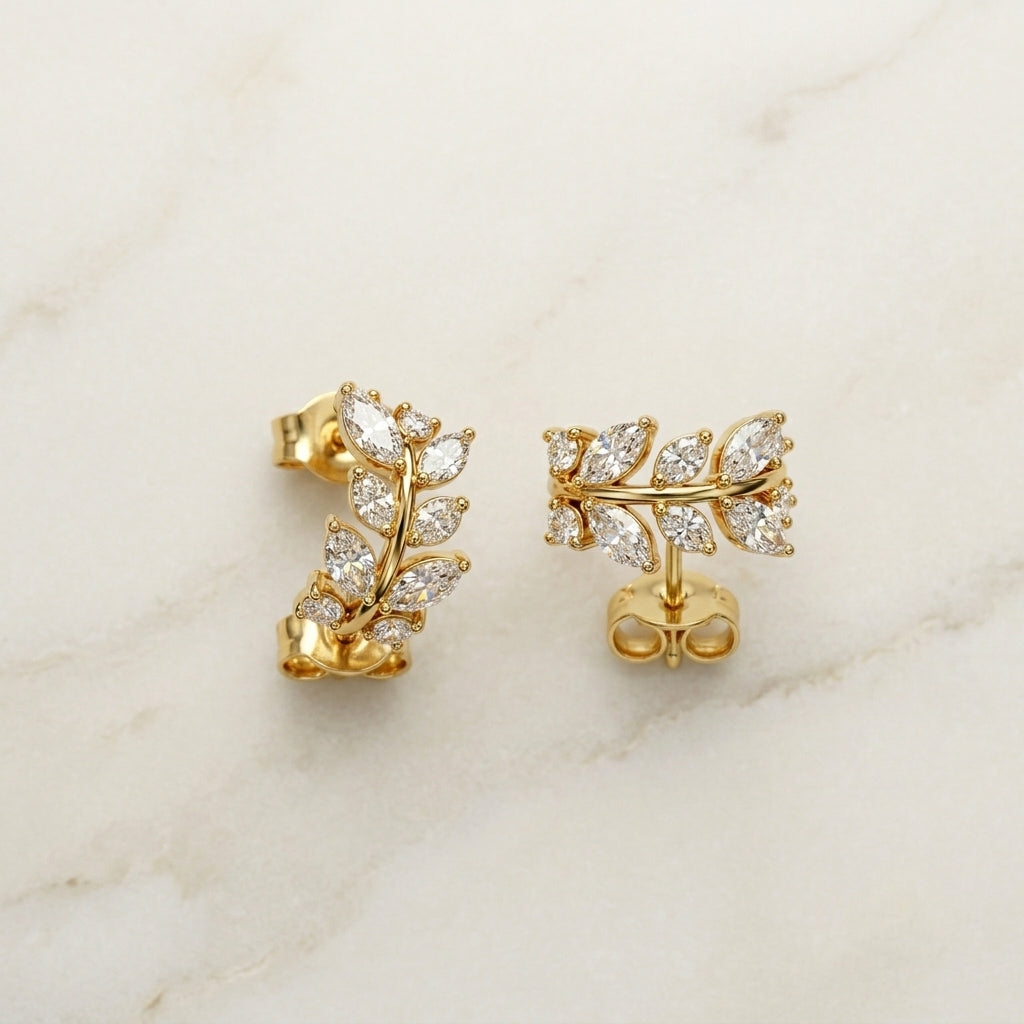 Gold Marquise Leaf Vine Stud Earrings