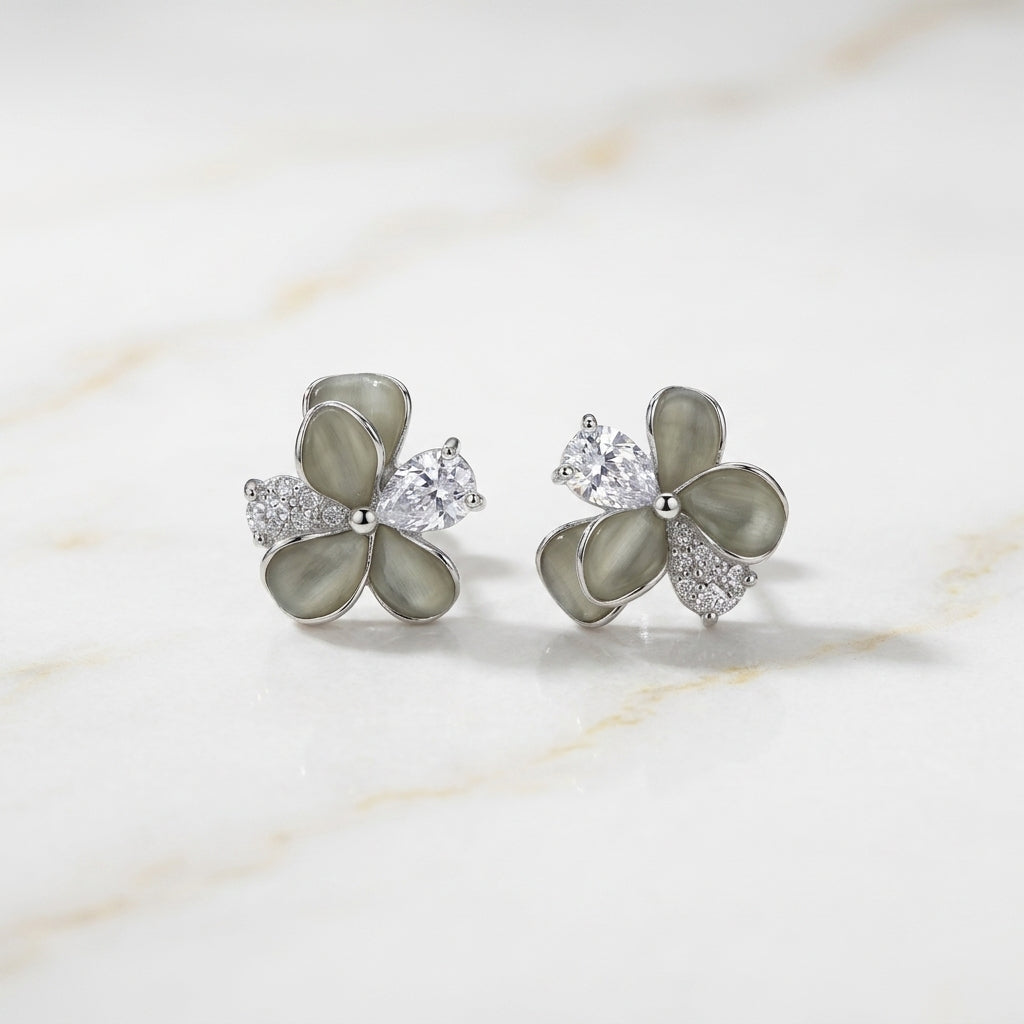Grey Cat's Eye Flower Petal Stud Earrings