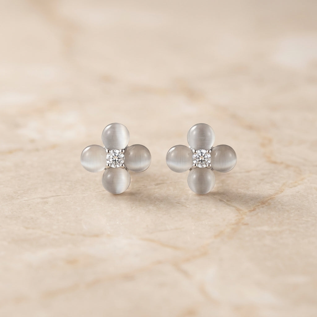 Grey Cat's Eye Quatrefoil Stud Earrings
