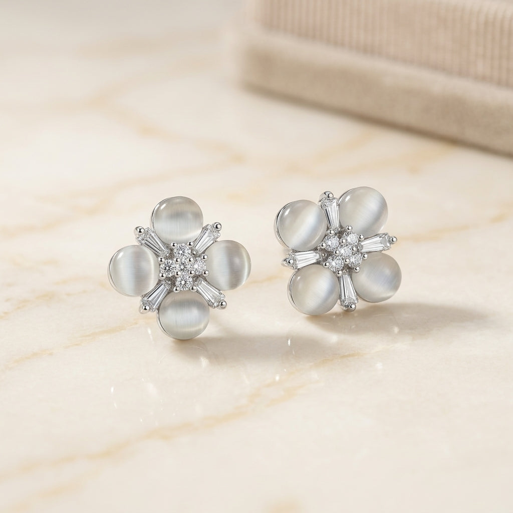 Grey Cat's Eye Baguette Cluster Flower Stud Earrings
