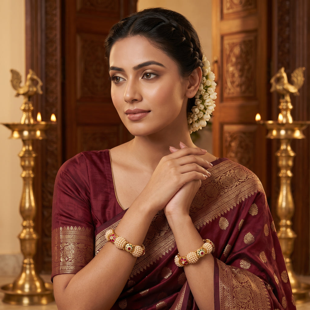 Gold Pearl Dome Ruby Emerald Meenakari Bangle Pair