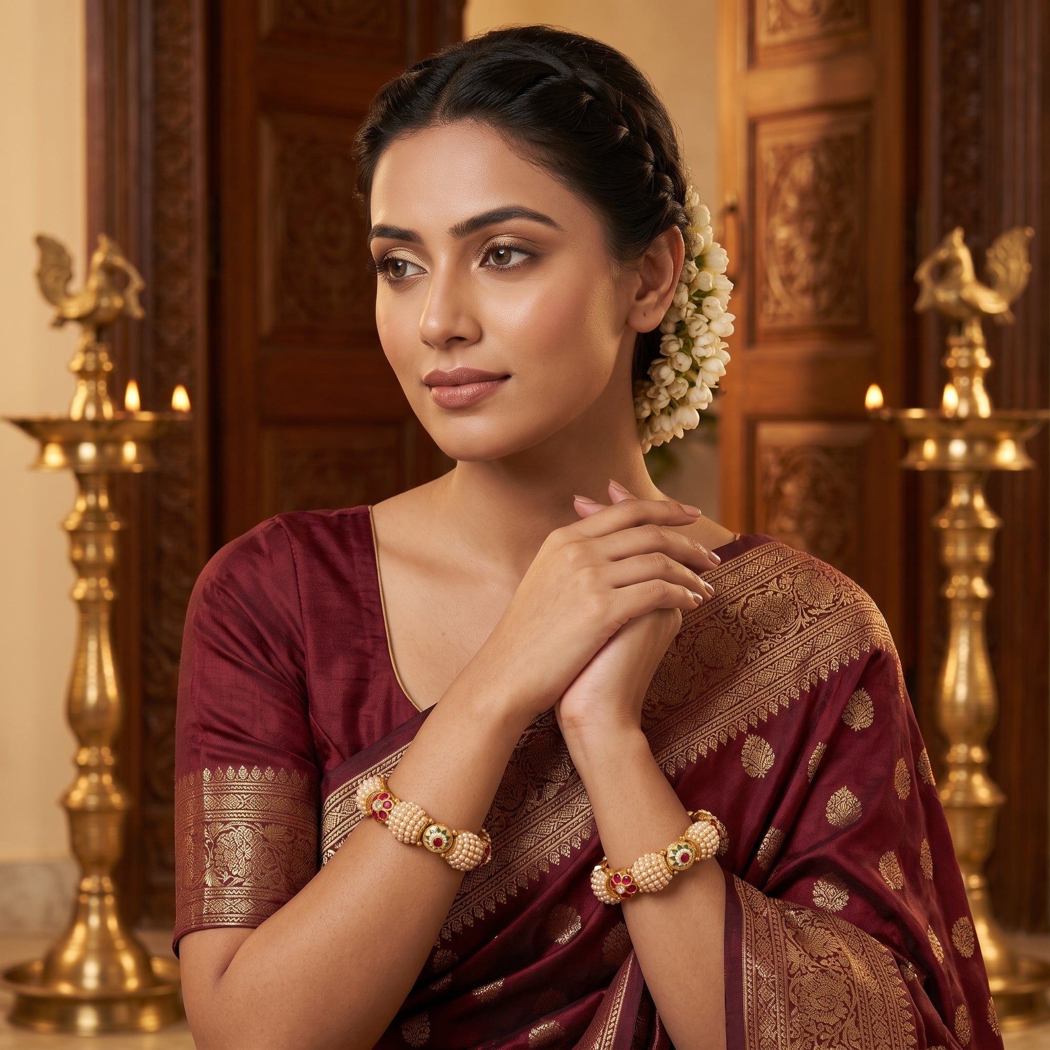 Gold Pearl Dome Ruby Emerald Meenakari Bangle Pair
