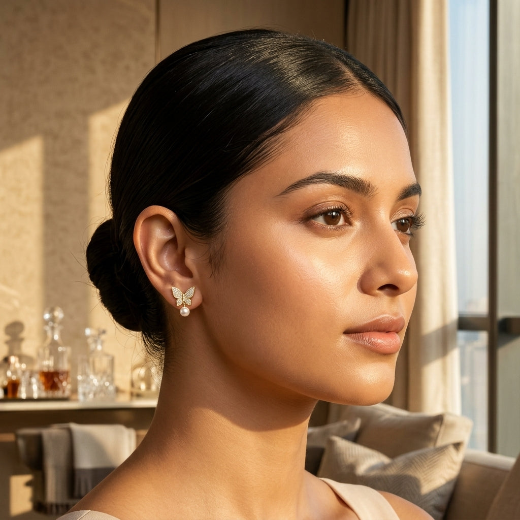 Gold Pavé Butterfly Pearl Drop Stud Earrings
