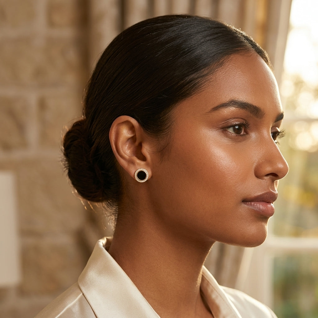 Black Onyx-Look Gold Halo Stud Earrings