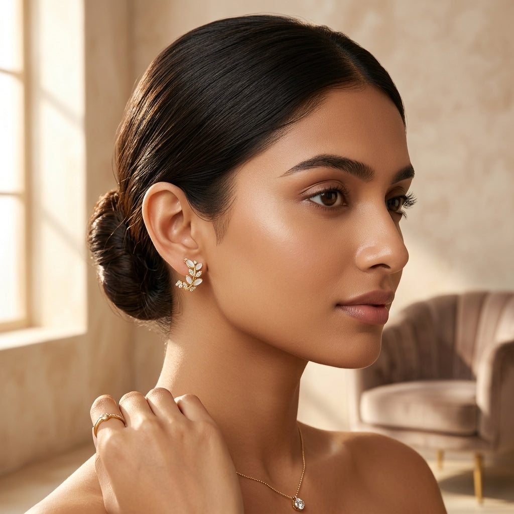 Gold Marquise Leaf Vine Stud Earrings