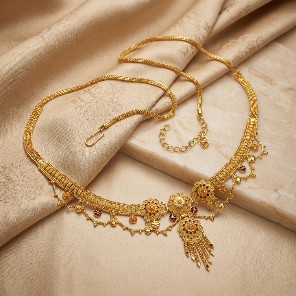 Gold Floral Medallion Ruby Tassel Kamarband