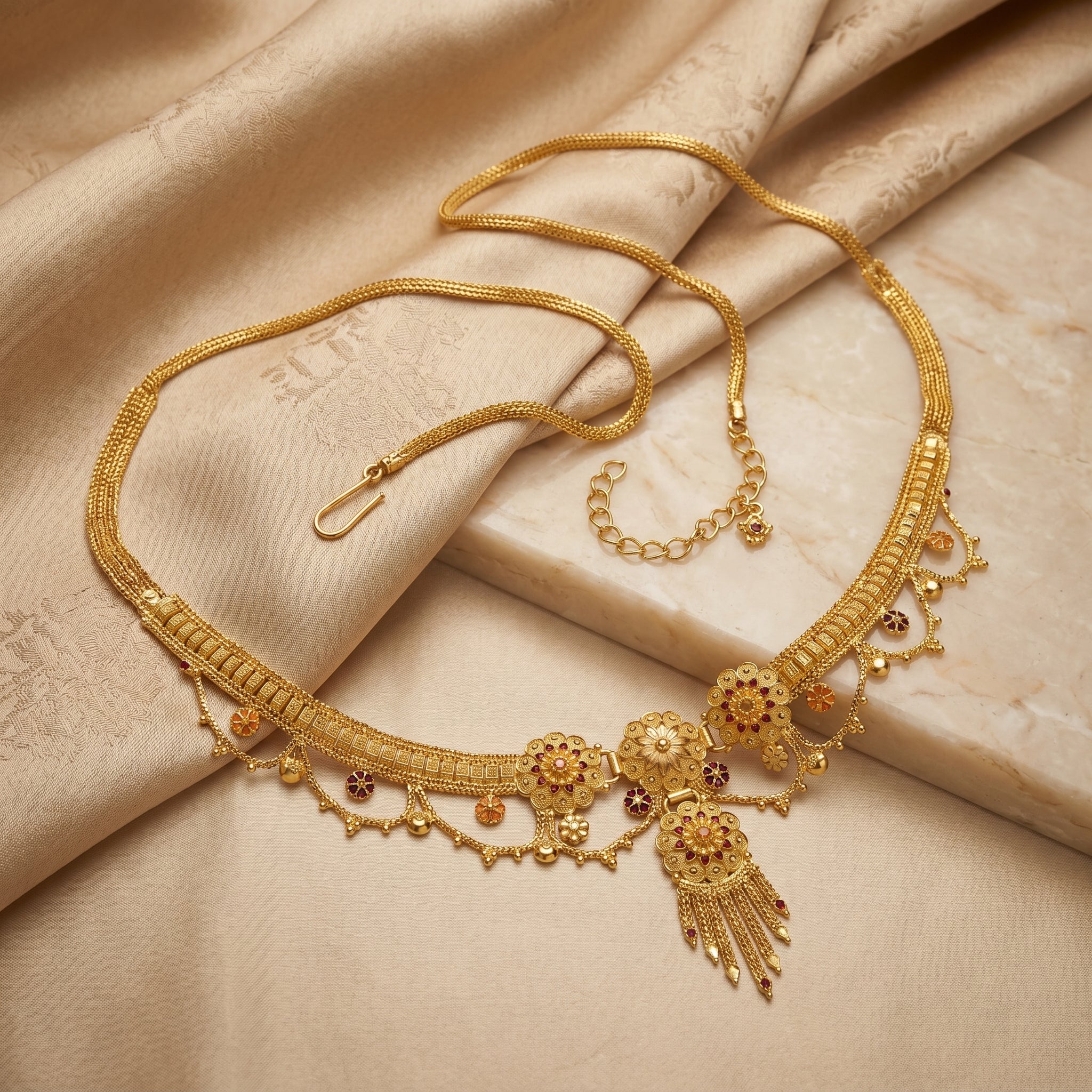 Gold Floral Medallion Ruby Tassel Kamarband