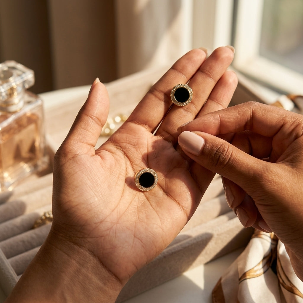 Black Onyx-Look Gold Halo Stud Earrings