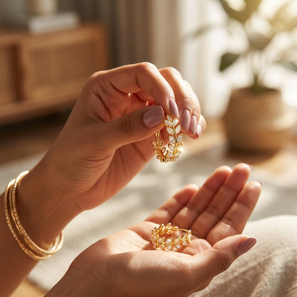 Gold Marquise Leaf Vine Stud Earrings