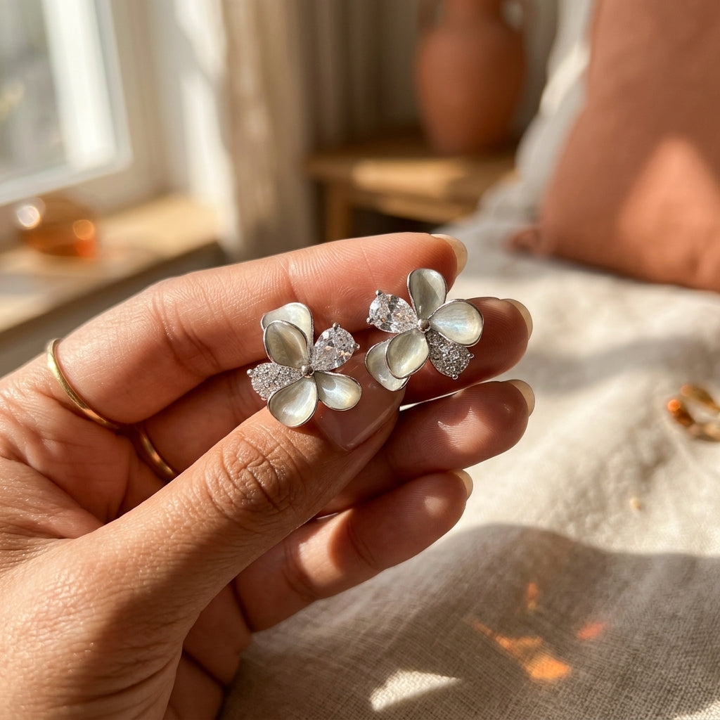 Grey Cat's Eye Flower Petal Stud Earrings