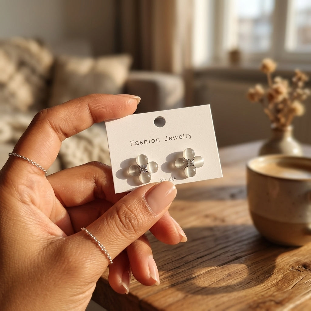 Grey Cat's Eye Quatrefoil Stud Earrings