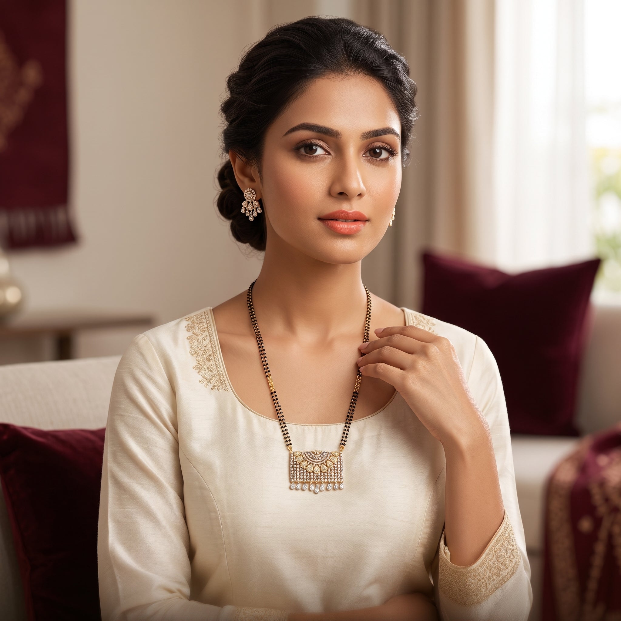 : Gold CZ Bridal Panel Fringe Short Mangalsutra