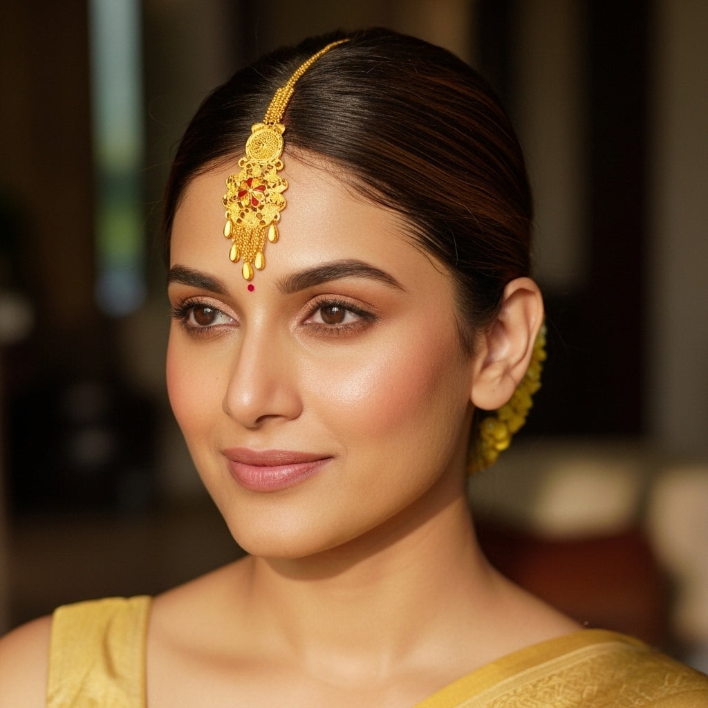 Gold Filigree Teardrop Disc Maang Tikka