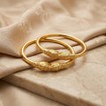 Gold Engraved Barrel Bead Plain Bangle Pair