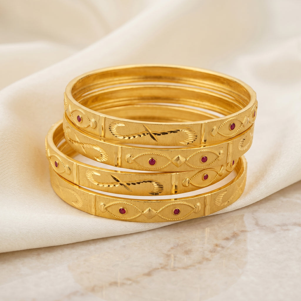 Gold Eye Motif Ruby Stone Engraved Bangle Set of Four