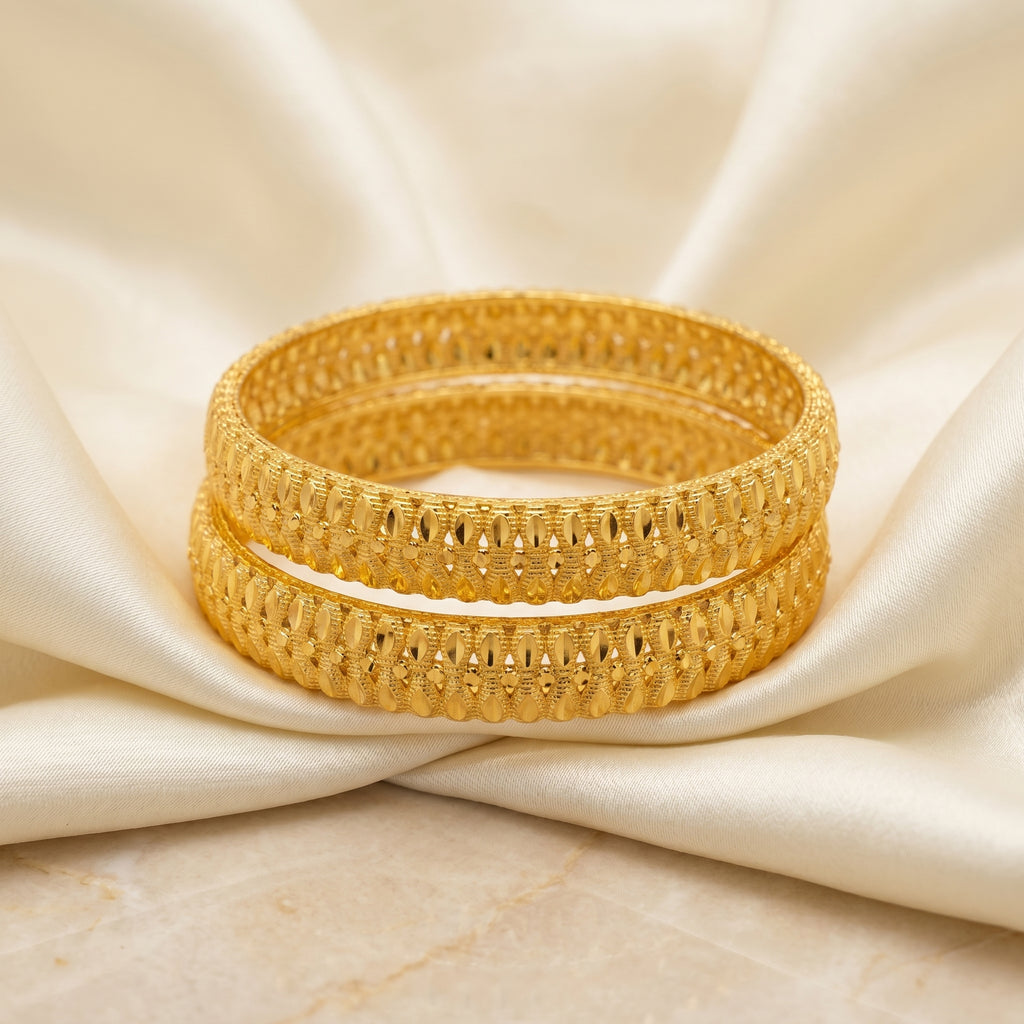 Gold Triple-Row Oval Drop Open-Work Bangle Pair