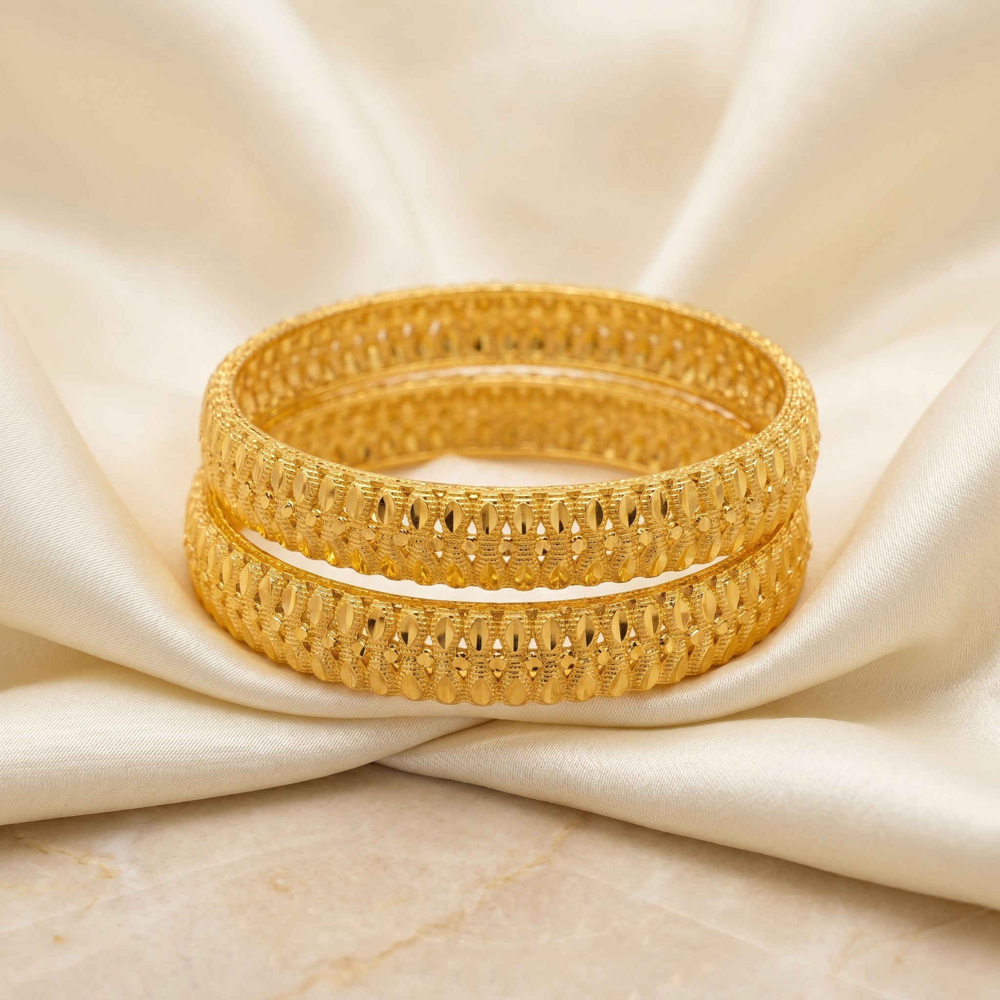 Gold Triple-Row Oval Drop Open-Work Bangle Pair